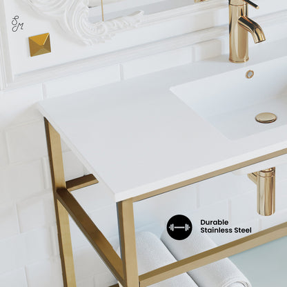 Pierre 36" Open Shelf Gold Frame Wall-Mounted Bathroom Vanity with Sink Top