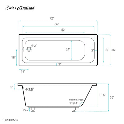 Voltaire 72" x 36" Reversible Drain Drop-In Bathtub