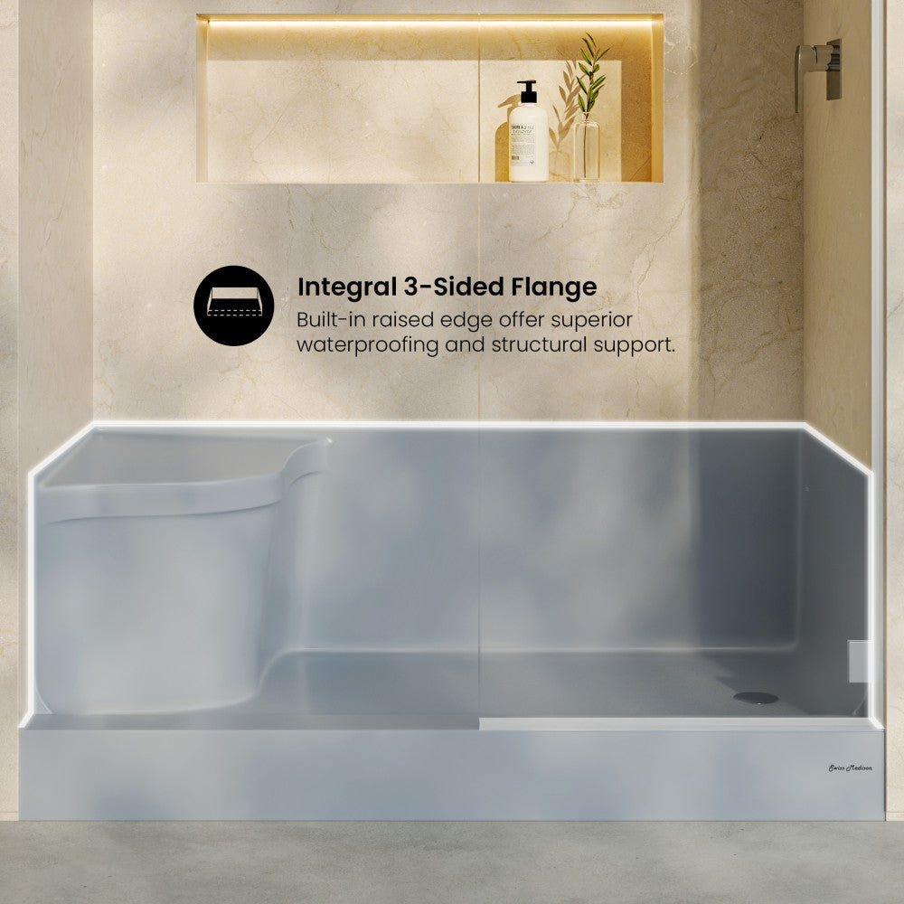 Aquatique 60" x 32" Single Threshold Shower Base With Right Hand Drain and Integral Left Hand Seat in Gray
