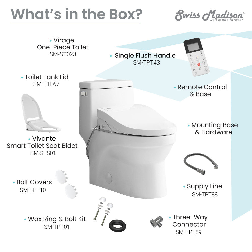 Elongated one-piece smart toilet with Vivante bidet seat and left side flush handle.