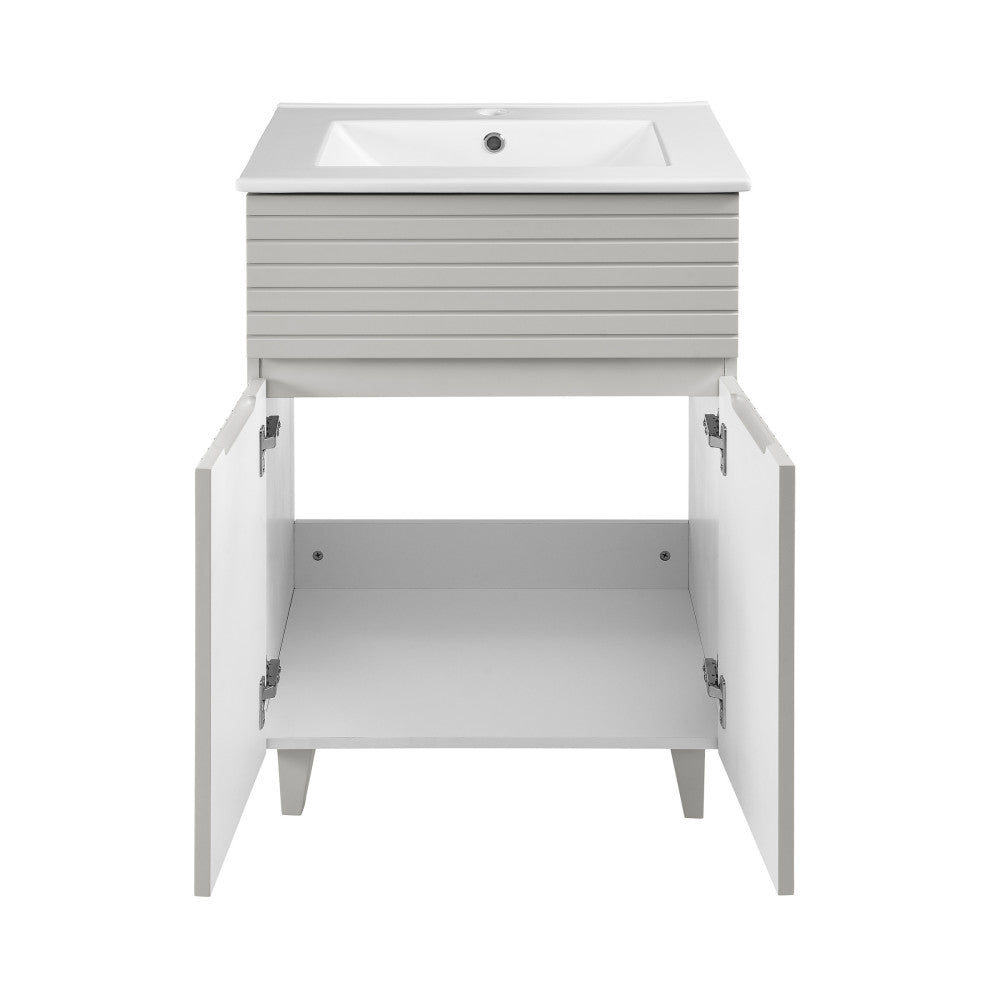 24-inch freestanding bathroom vanity in shell color, single sink, soft-close doors, open cabinet with shelves.