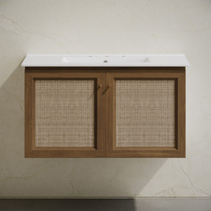 Classe 36" Wall-Mounted Bathroom Vanity in Brown Oak with Widespread Faucet Holes Vanity Top