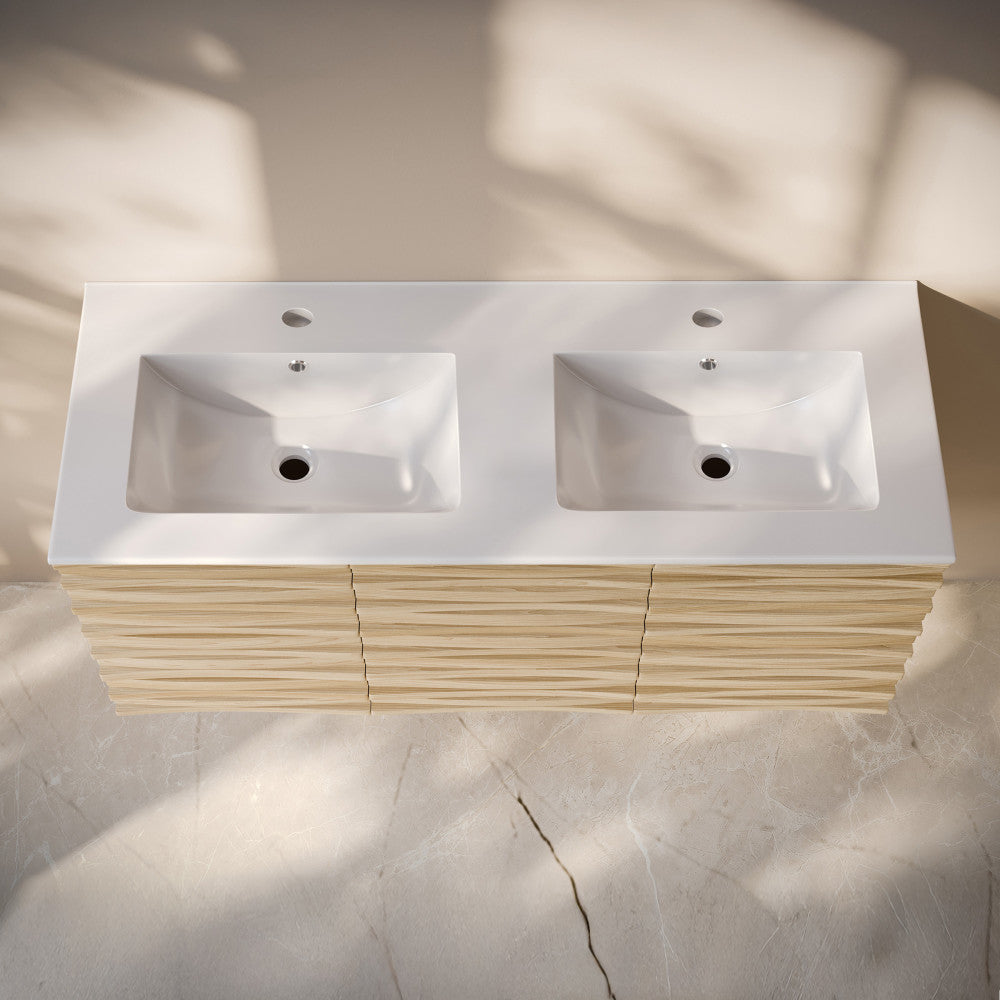 Cascade 48" Wall-Mounted Bathroom Vanity in Natural Oak with Double Basin Sink Top