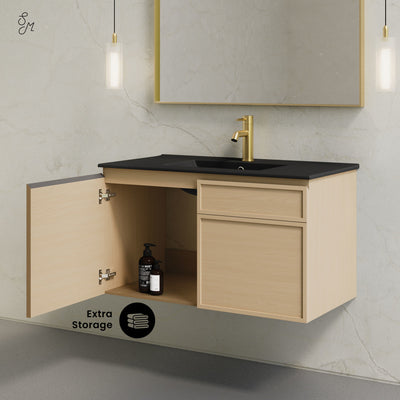 St. Tropez 36" Wall-Mounted Bathroom Vanity in Natural Oak with Black Sink Top