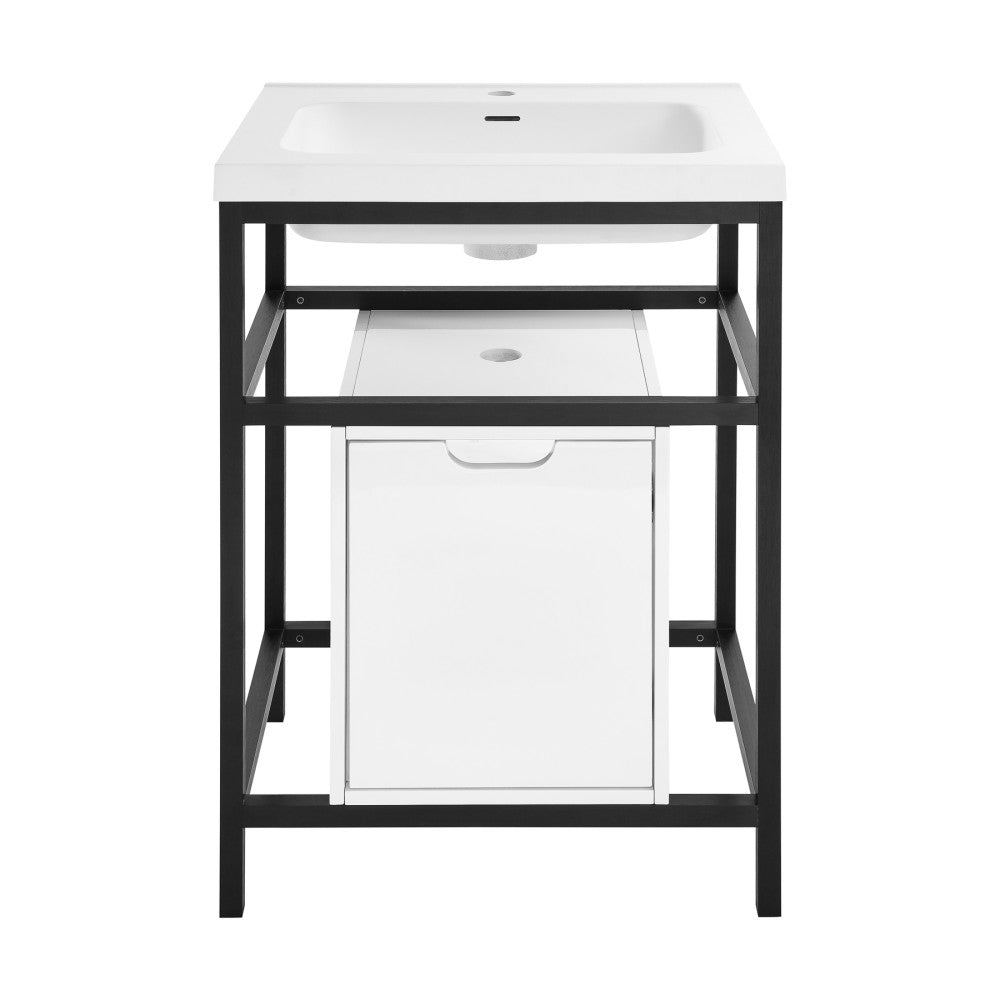 24-inch freestanding bathroom vanity in black with single white sink top and storage drawer.
