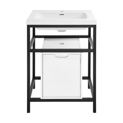 24-inch freestanding bathroom vanity in black with single white sink top and storage drawer.