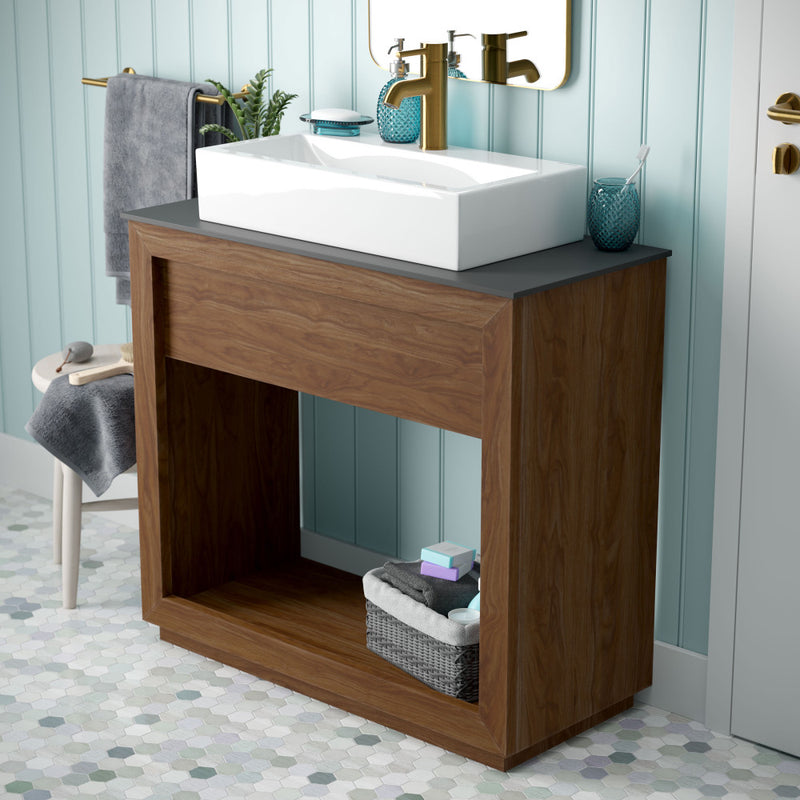 Rennes 36" Reclaimed Wood Vanity in Walnut with Slate Countertop and Single Hole Vessel Sink
