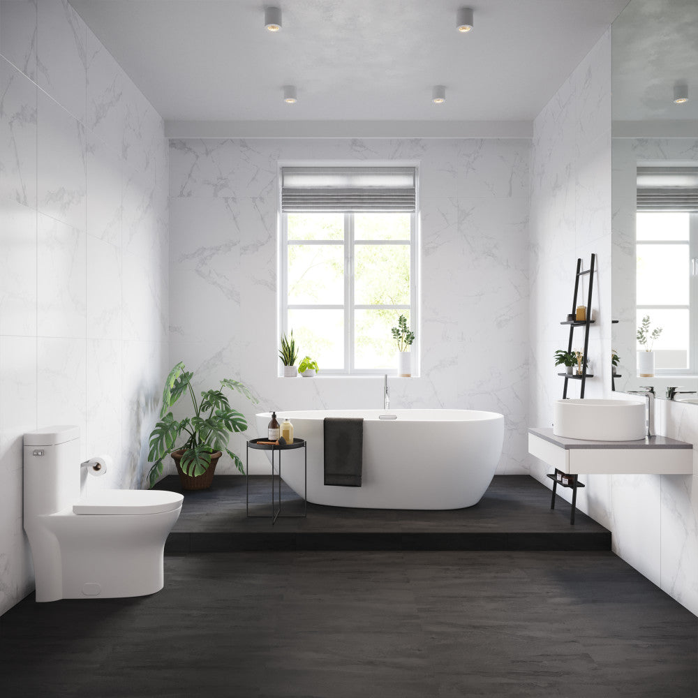 Round white ceramic vessel sink with smooth edges and glossy finish.