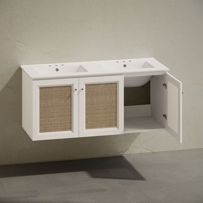 Classe 48" Wall-Mounted Bathroom Vanity in White Oak with Double Basin 3-Hole Centerset Faucet Holes Vanity Top