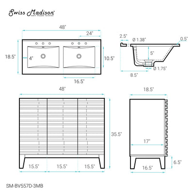 Cascade 48 in. Natural Oak, Double Basin Bathroom Vanity With Black, 3-Hole Ceramic Sink Top
