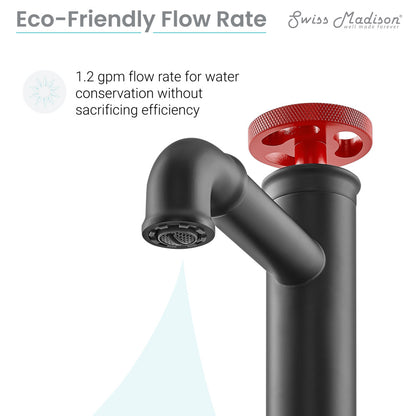 Single-handle high arc bathroom faucet in matte black with red wheel handle.