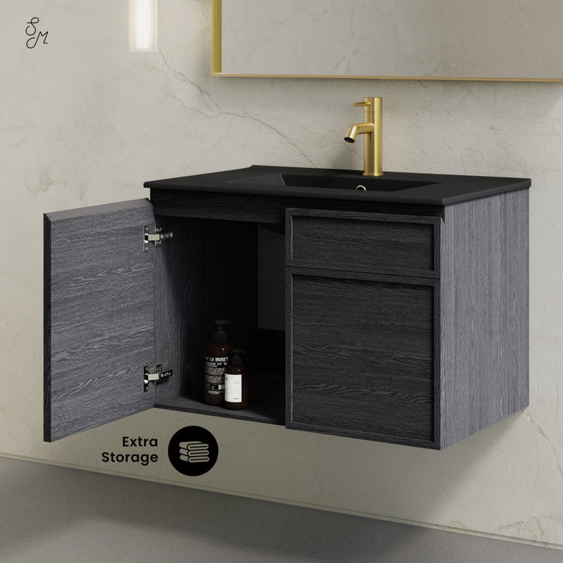St. Tropez 30" Wall-Mounted Bathroom Vanity in Black Oak with Black Sink Top