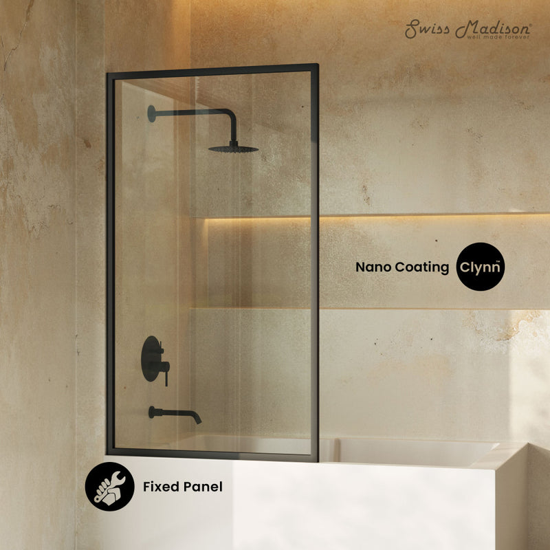 Pierre 34 x 58 Framed Fixed 3/8 in. (10mm) Clear Tempered Glass Tub Door with Black Matte Frame