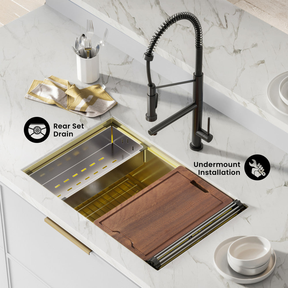 Tourner 30 x 19 Stainless Steel, Single Basin, Undermount Kitchen Workstation Sink in Gold