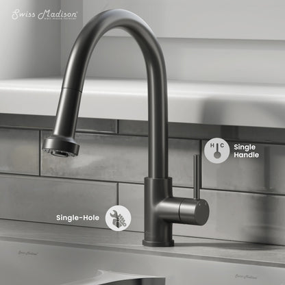 Single-handle pull-down kitchen faucet in matte black with curved spout and single-hole installation.