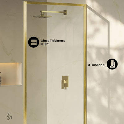 Pierre 34 x 76 Framed Fixed 3/8 in. (10mm) Clear Tempered Glass Shower Door with Gold Brushed Frame