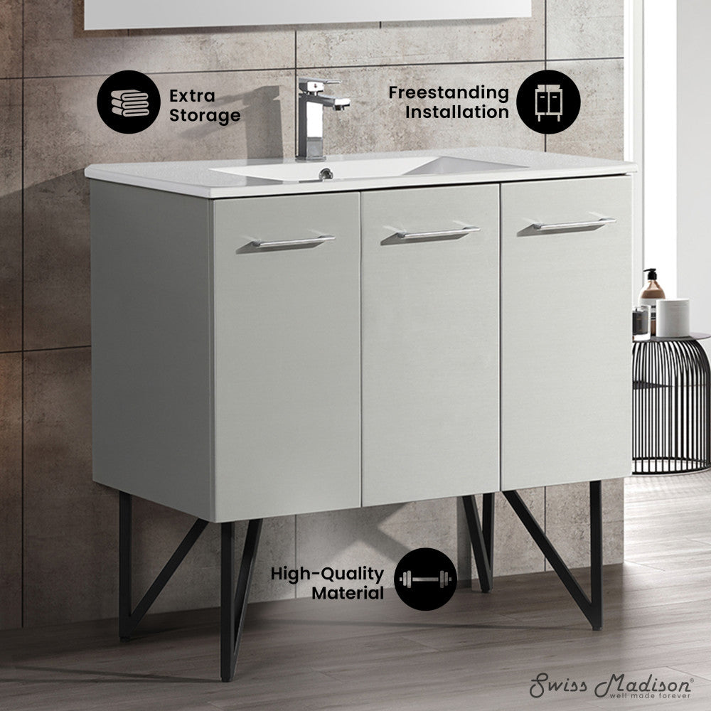 36-inch freestanding gray bathroom vanity with single sink and extra storage, soft-close doors.