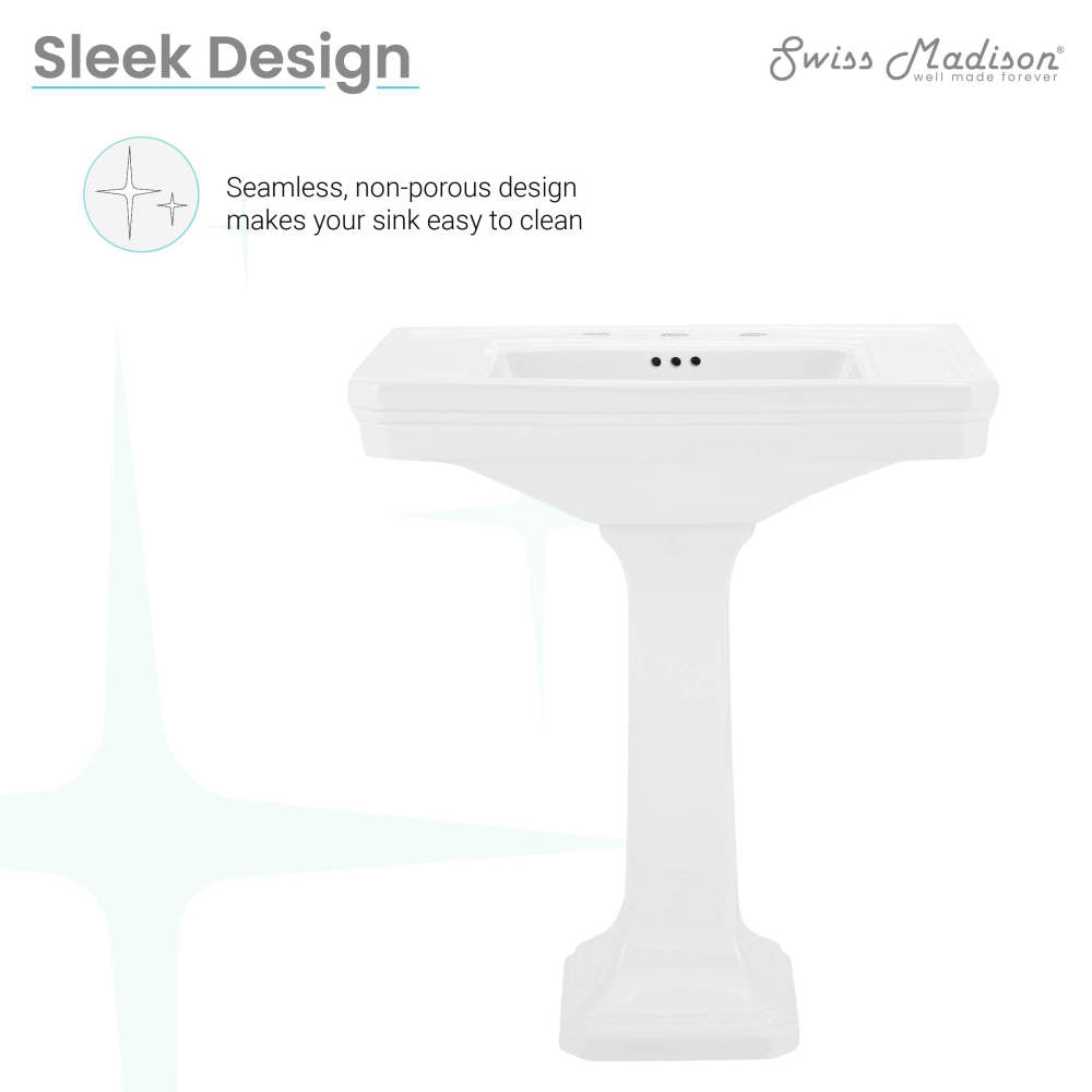White two-piece pedestal sink with wide rectangular basin and integrated backsplash.