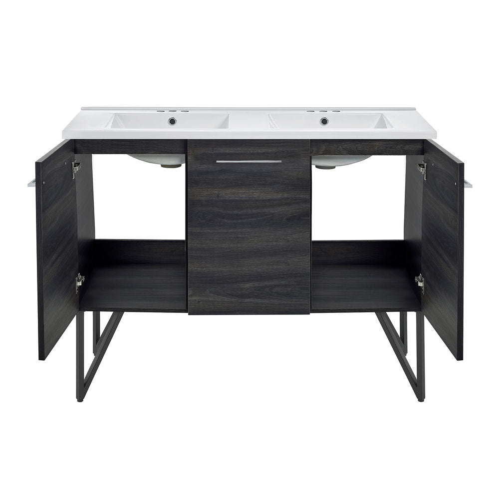 Annecy 48 in. Black Walnut, Double Basin Bathroom Vanity With White, 3-Hole Centerset Ceramic Sink Top