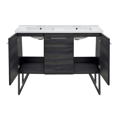 Annecy 48 in. Black Walnut, Double Basin Bathroom Vanity With White, 3-Hole Centerset Ceramic Sink Top
