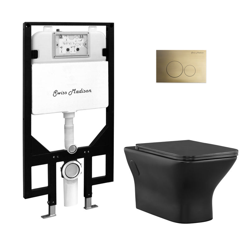 Carre Wall-Hung Toilet Bundle 0.8/1.6 GPF Dual Flush in Matte Black with Brass Flush Plate