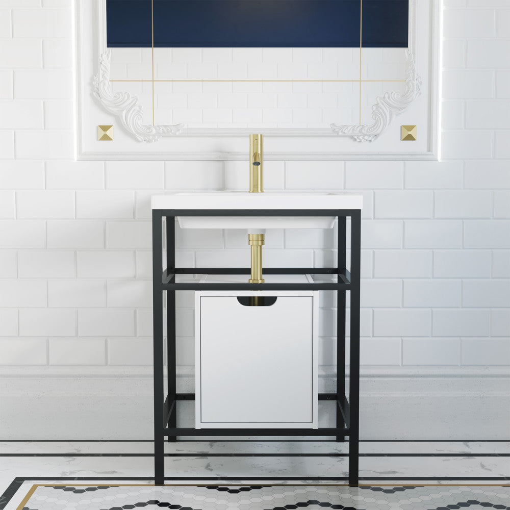 24-inch freestanding bathroom vanity in black with single sink and soft-close door.