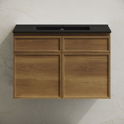 St. Tropez 30" Wall-Mounted Bathroom Vanity in Brown Oak with Black Sink Top