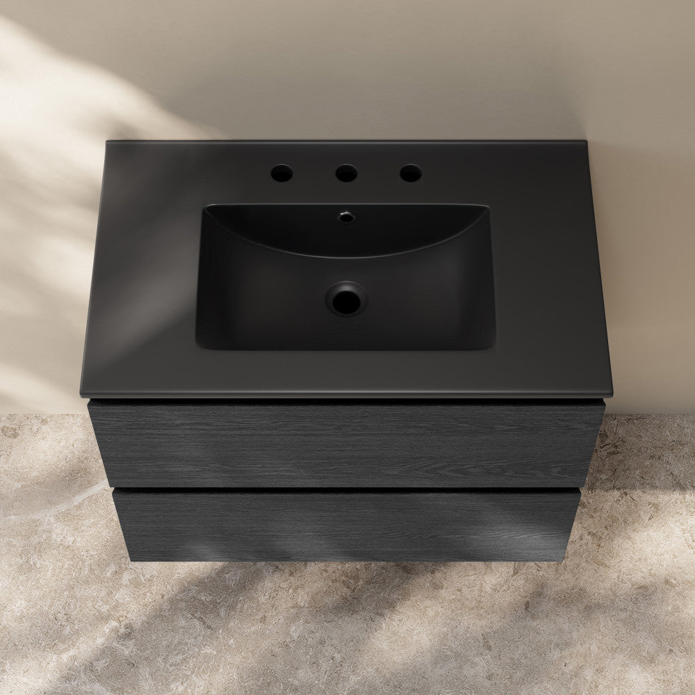 Liberte 30" Wall-Mounted Bathroom Vanity in Black Oak with Black 3-Hole Widespread Sink Top