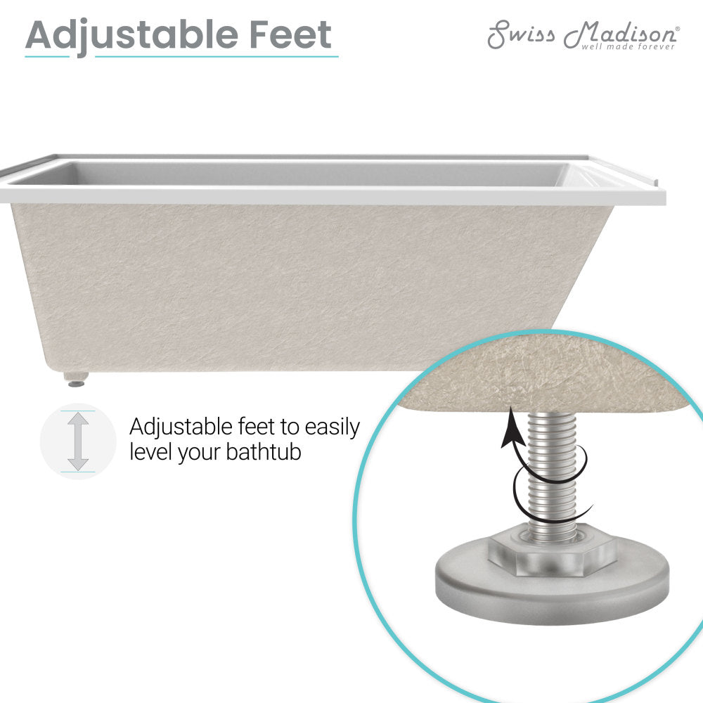 Drop-in bathtub 72 inch with reversible drain and adjustable leveling feet.