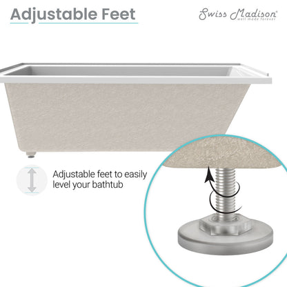 Drop-in bathtub 72 inch with reversible drain and adjustable leveling feet.