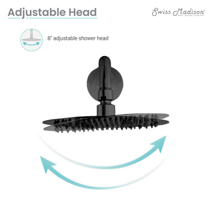 8" wall-mounted fixed shower head in matte black with single-handle valve and sleek round design.