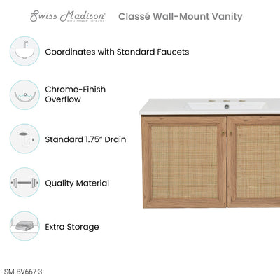 Classe 36 in. Brown Oak Wall Hung Bathroom Vanity With White, 3-Hole Ceramic Sink Top