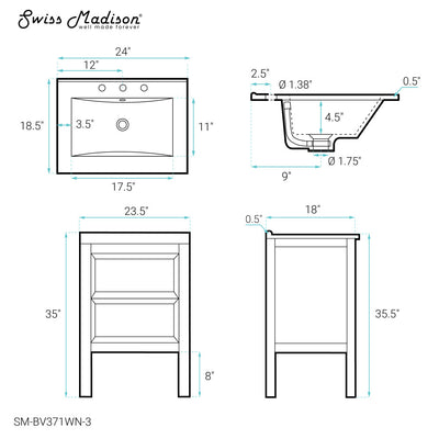 Nadar 24 in. Brown Walnut Bathroom Vanity With White, 3-Hole Ceramic Sink Top