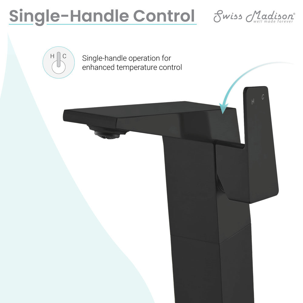 Single-handle bathroom faucet in matte black, high arc spout.