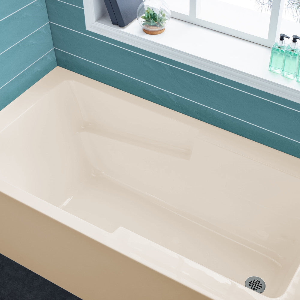 Alcove skirted bathtub 60 inch with right-hand drain, apron front, bisque finish.