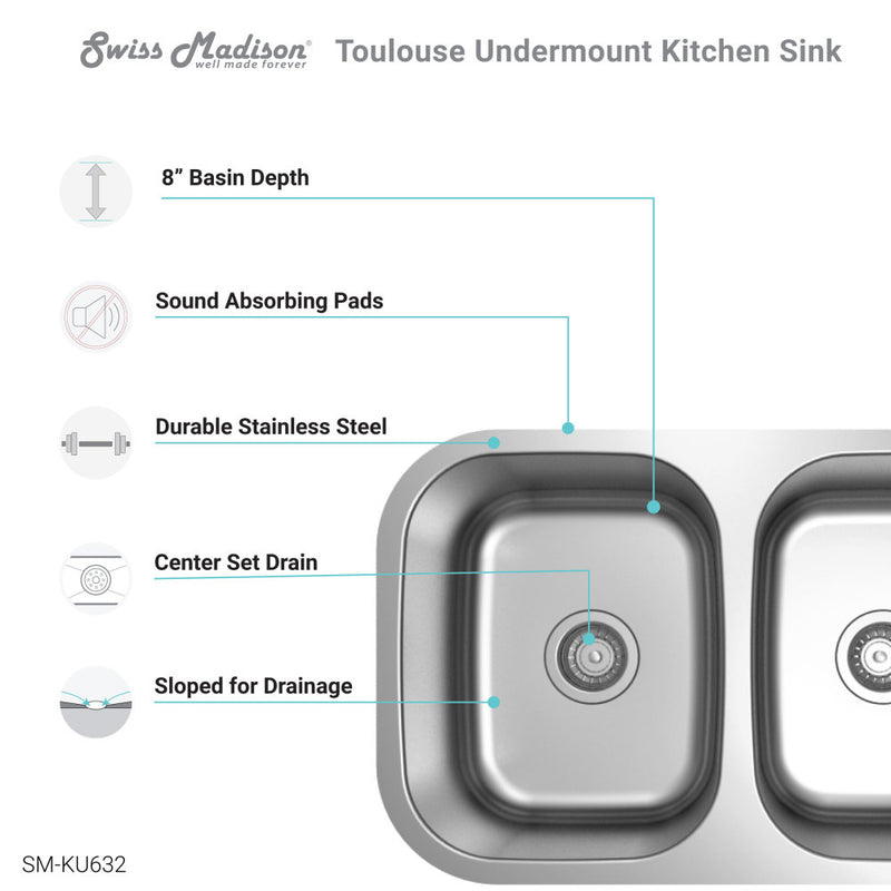 Toulouse 29 x 18 Stainless Steel, Dual Basin, Undermount Kitchen Sink