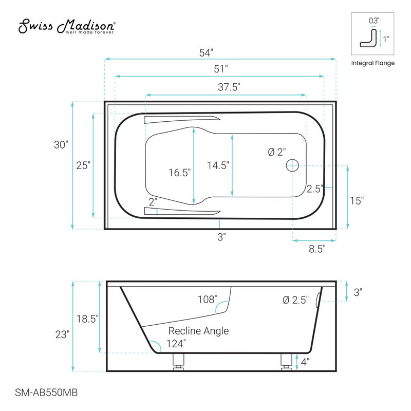 Voltaire 54" x 30" Right-Hand Drain Alcove Bathtub with Apron in Matte Black