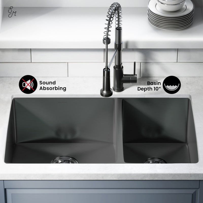Rivage 33 x 20 Stainless Steel, Dual Basin, Undermount Kitchen Sink in Black