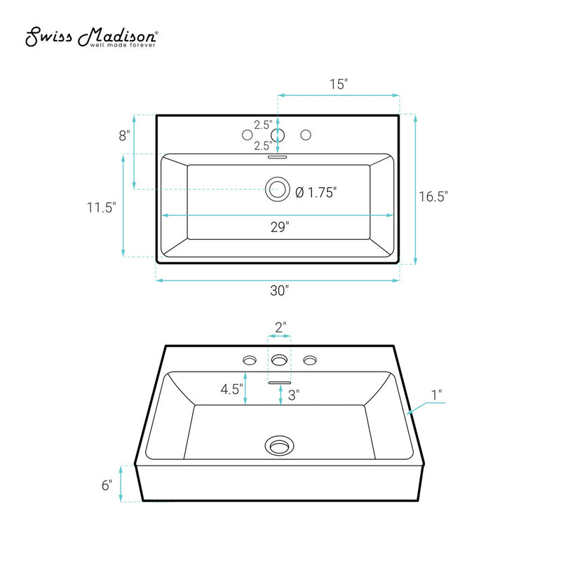 Claire 30" Rectangle Wall-Mount Bathroom Sink with 8" Widespread Holes