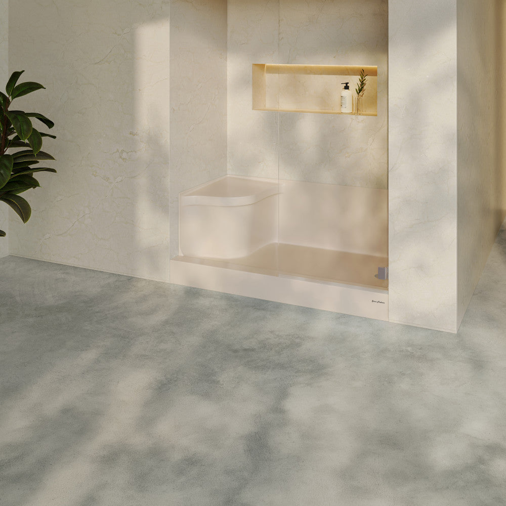 Aquatique 60" x 32" Single Threshold Shower Base With Right Hand Drain and Integral Left Hand Seat in Biscuit