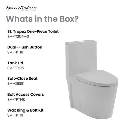 Elongated one-piece toilet in matte gray with dual-flush button and soft-close seat.