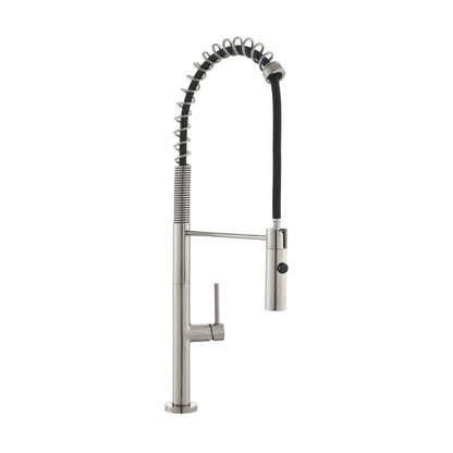 Single handle pull-down kitchen faucet in brushed nickel with spring coil spout and side lever handle.