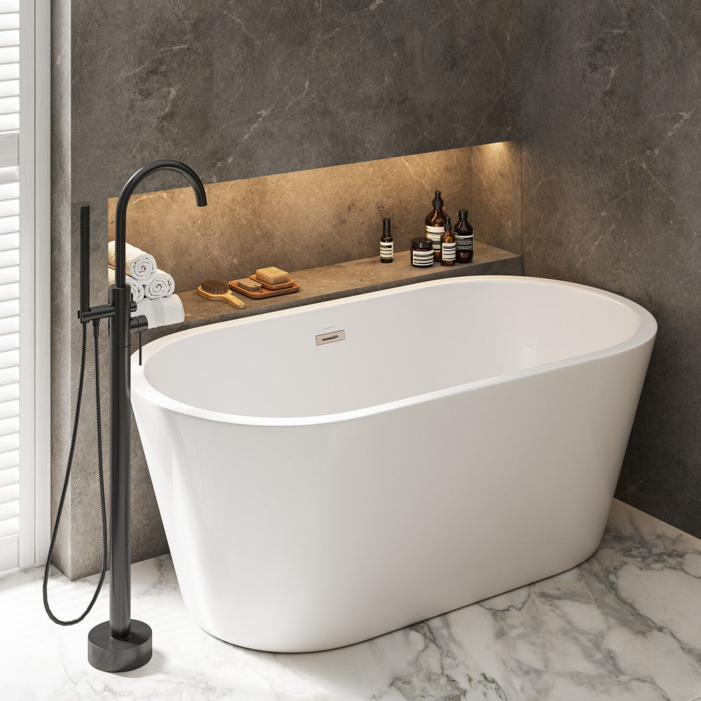 Freestanding white bathtub 60 inch, center drain, modern curved rectangular design.