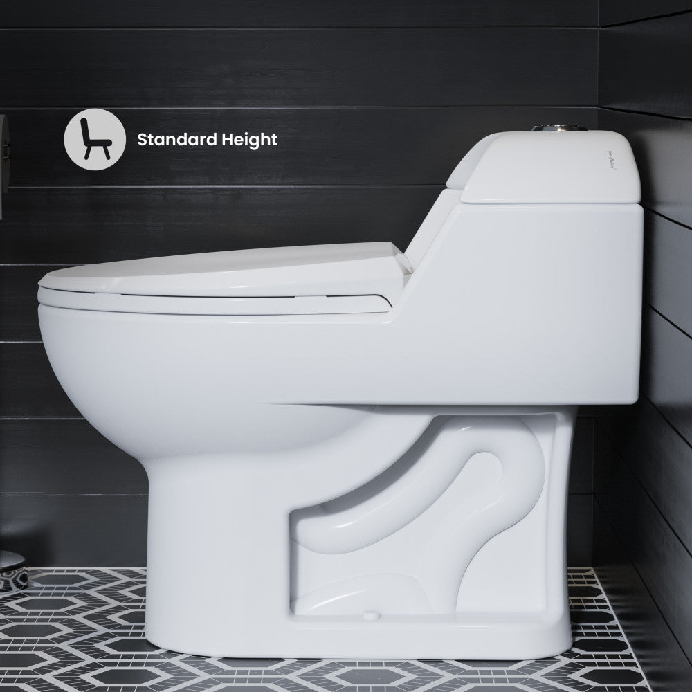 White one-piece elongated toilet with a sleek tank, rounded bowl, and sculpted base.