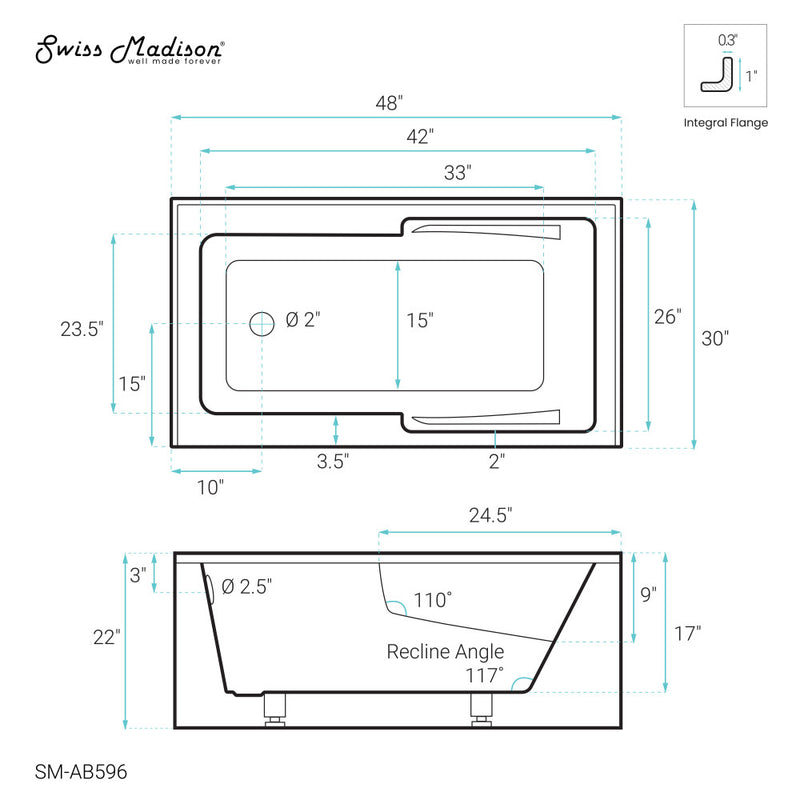 Voltaire 48" x 30" Left-Hand Drain Alcove Integrated Armrest Bathtub with Apron