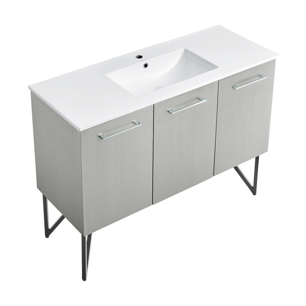 48-inch freestanding gray bathroom vanity with single sink and metal legs.