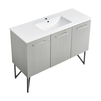 48-inch freestanding gray bathroom vanity with single sink and metal legs.