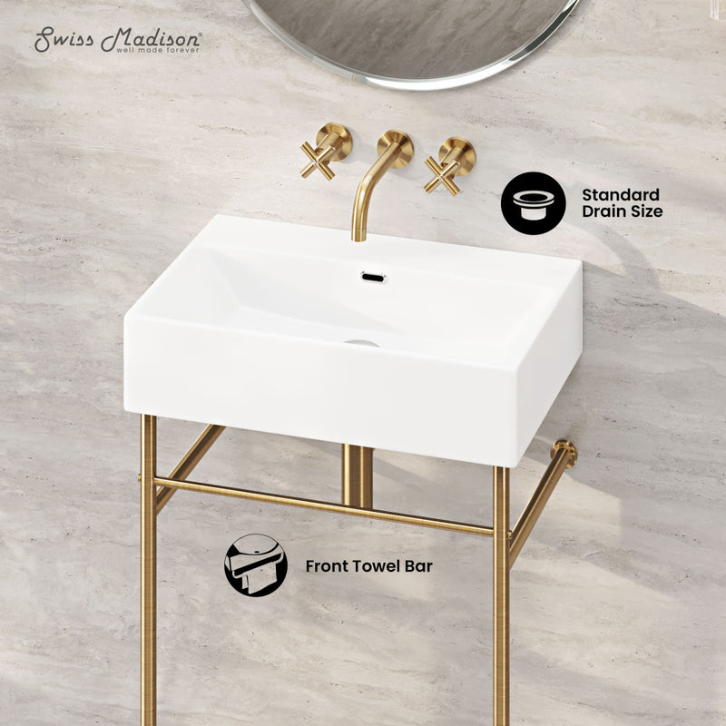 Claire 24" Rectangle Zero Hole Console Sink with Brushed Gold Legs