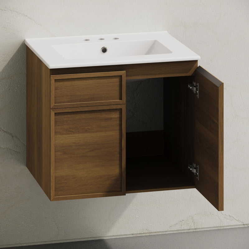 St. Tropez 24" Wall-Mounted Bathroom Vanity in Brown Oak with 3-Hole Centerset Sink Top