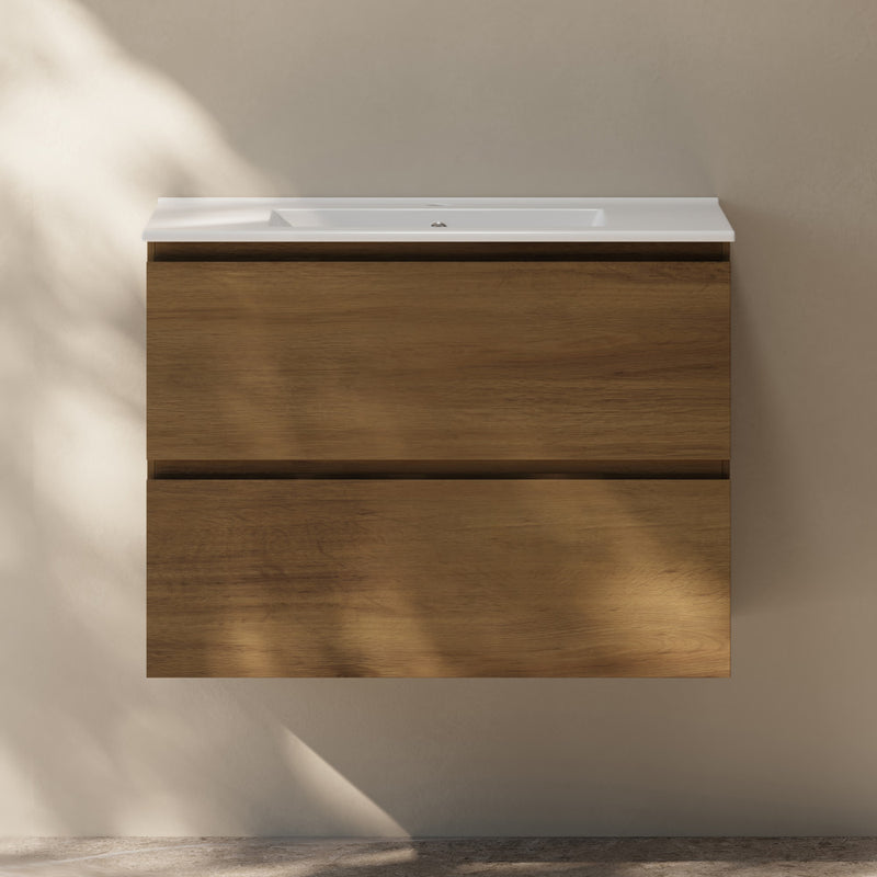 Liberte 30" Wall-Mounted Bathroom Vanity in Brown Oak with Sink Top